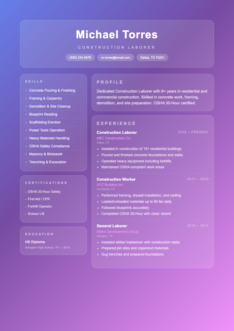 Glassmorphism construction laborer resume
